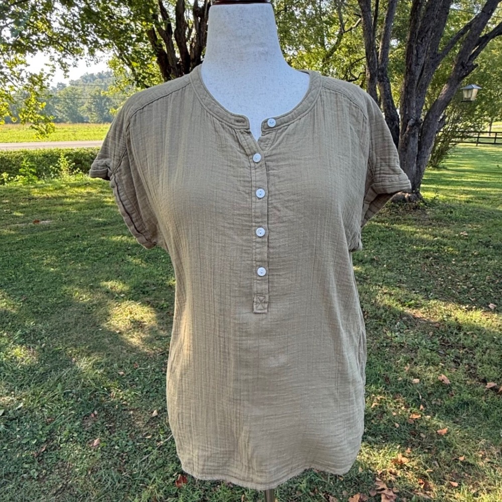 Quince Womens Organic Cotton Gauze Short Sleeve Henley Top Size M Olive Green